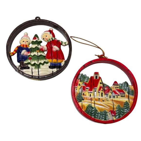 Vtg Christmas Cut Out Ornaments Set Of 2 Children & Village Scenes 2 Sided 70's - Picture 1 of 4